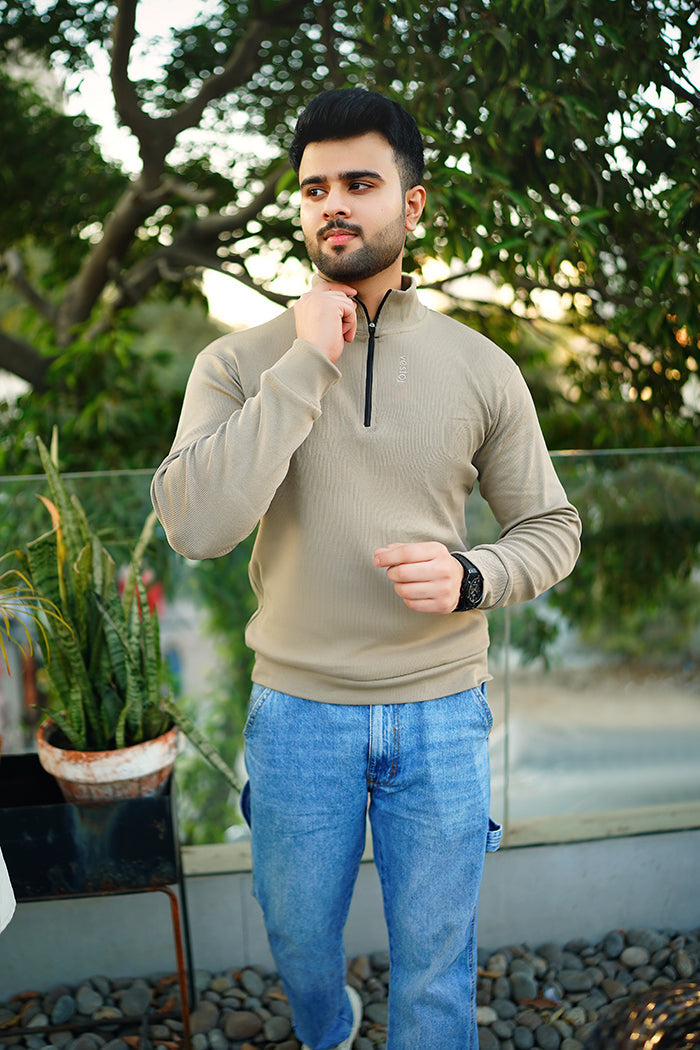 Beige zipper rib  Sweatshirt